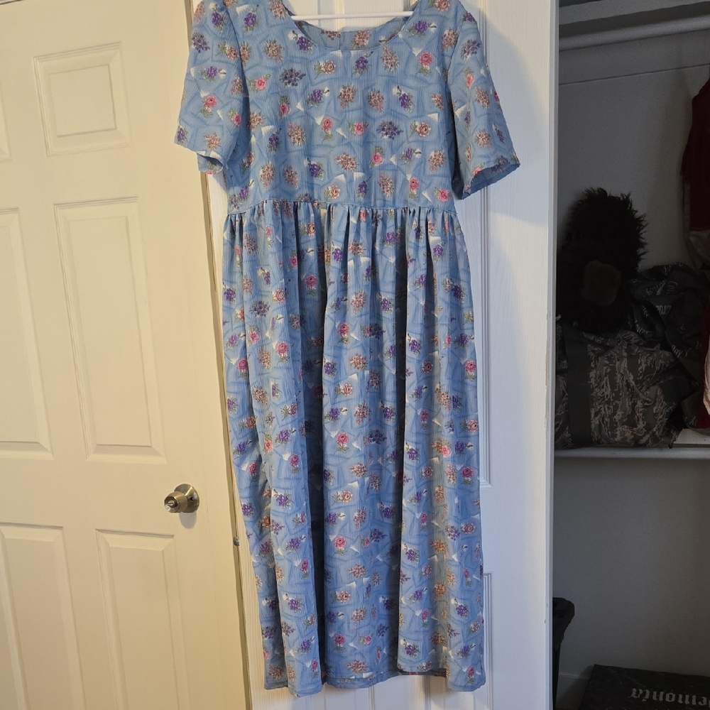 Vintage Handmade Blue, Pink And Purple Floral Maxi Dress Large